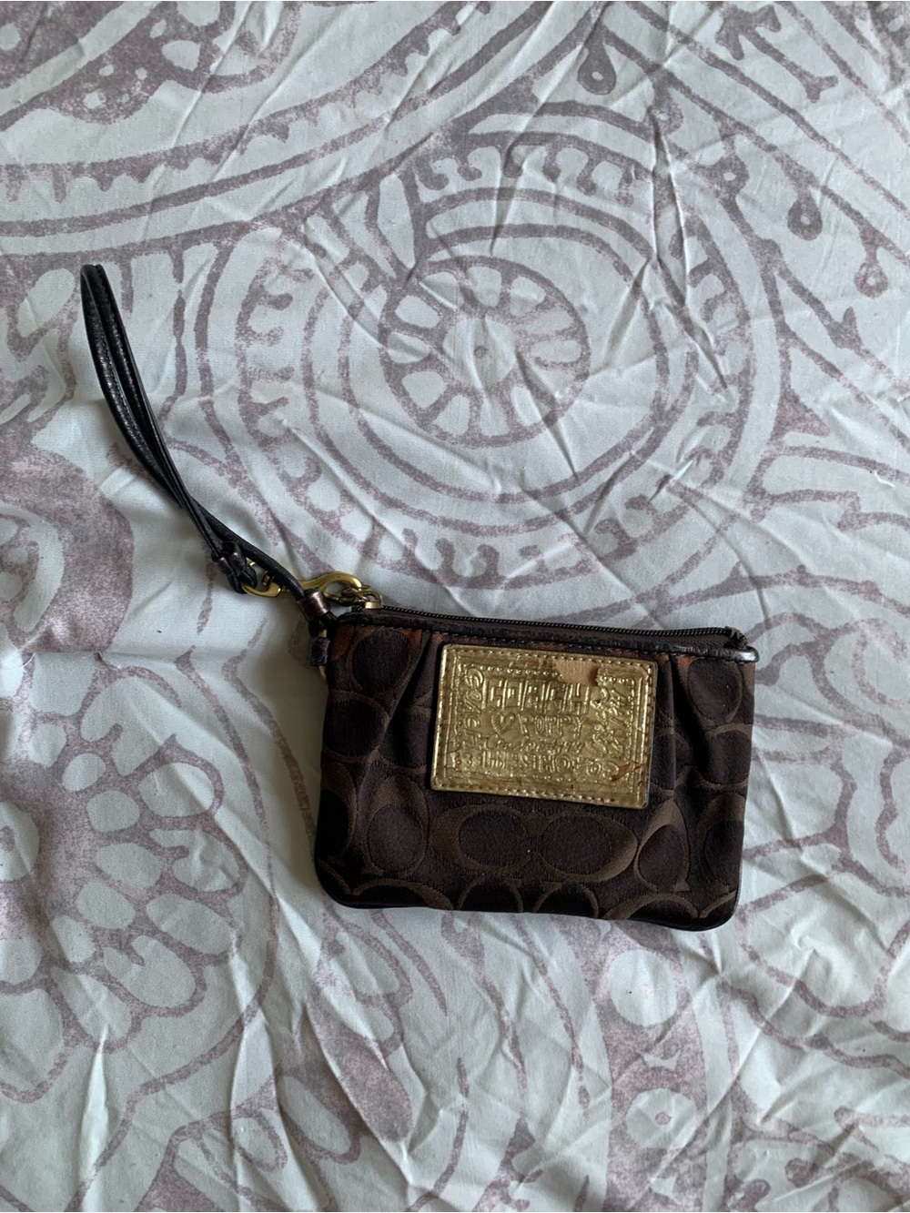 Coach Dark Brown Signature Wristlet with Gold Plaque